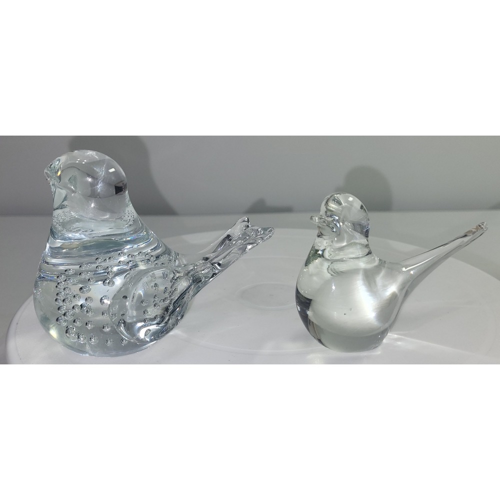 Vintage Glass Bird Figurines Clear Controlled Bubble Art Glass Set of 2